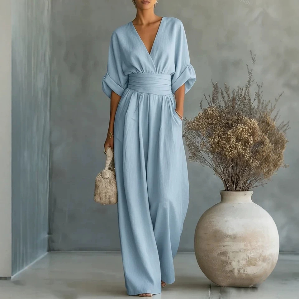 Elegant V-Neck Waist-Cinching Jumpsuit
