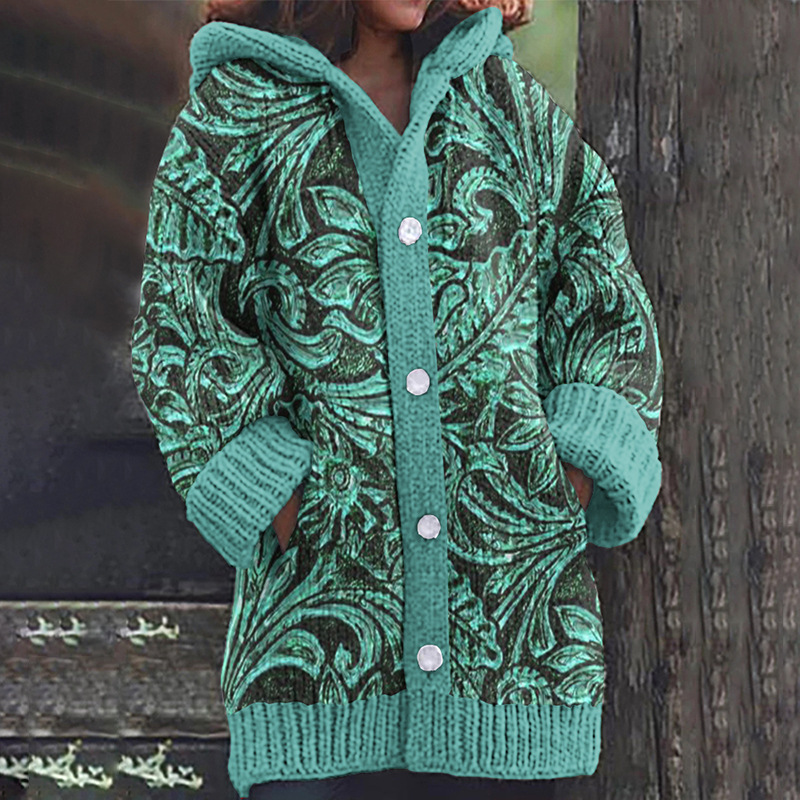 Women's Floral Ghost Print Hooded Button Cardigan Sweater