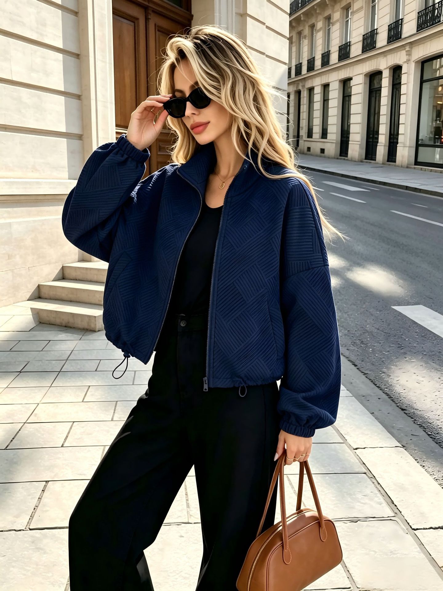 Women's High Neck Zip Drawstring Hem Loose Bomber Jacket with Pockets