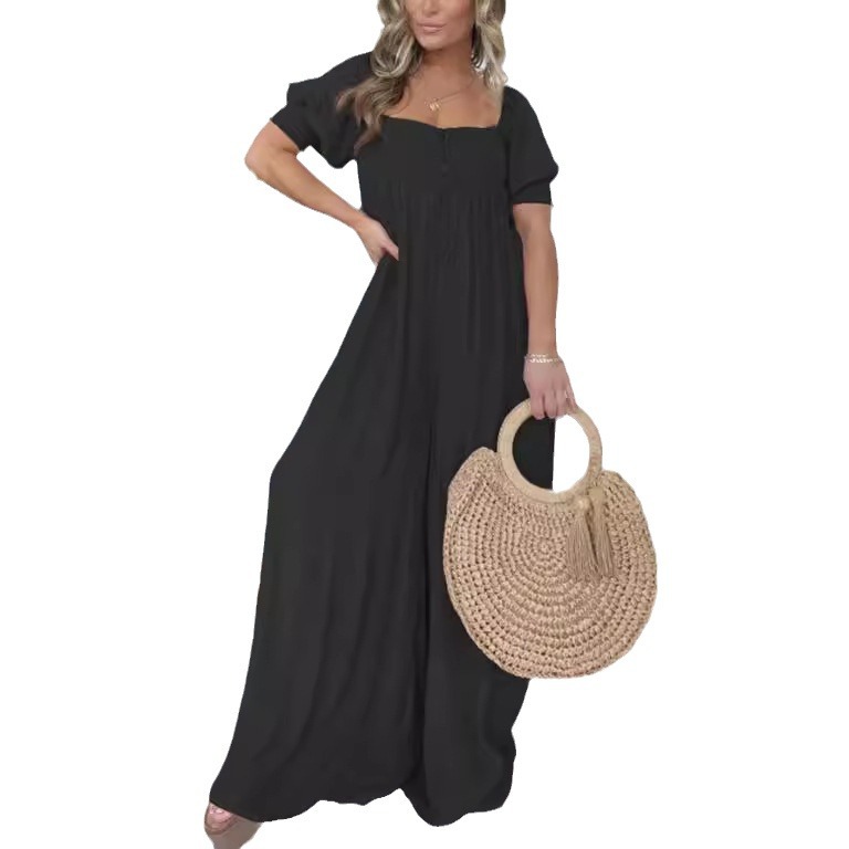Plus Size Solid Color Puff Sleeve Ruched Jumpsuit