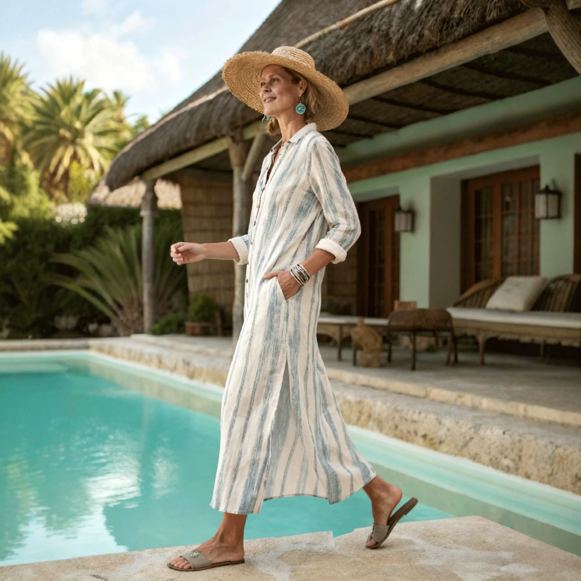 Striped Lapel Collar V-Neck Midi Dress