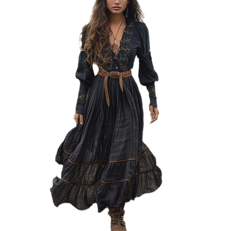 Embroidered Vintage V-Neck Long Sleeve Maxi Dress