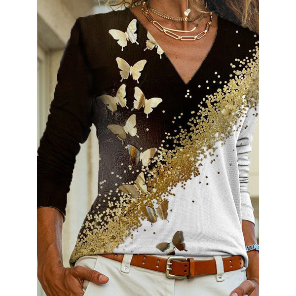 Women's V-Neck Floral Print Long-Sleeve T-Shirt Casual Loose Fit
