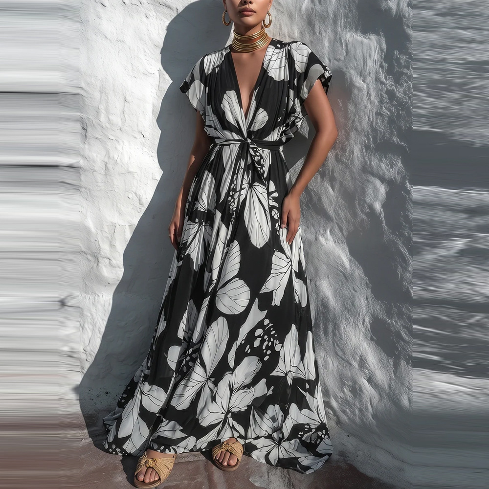 French Casual Printed V-Neck Tie Dress
