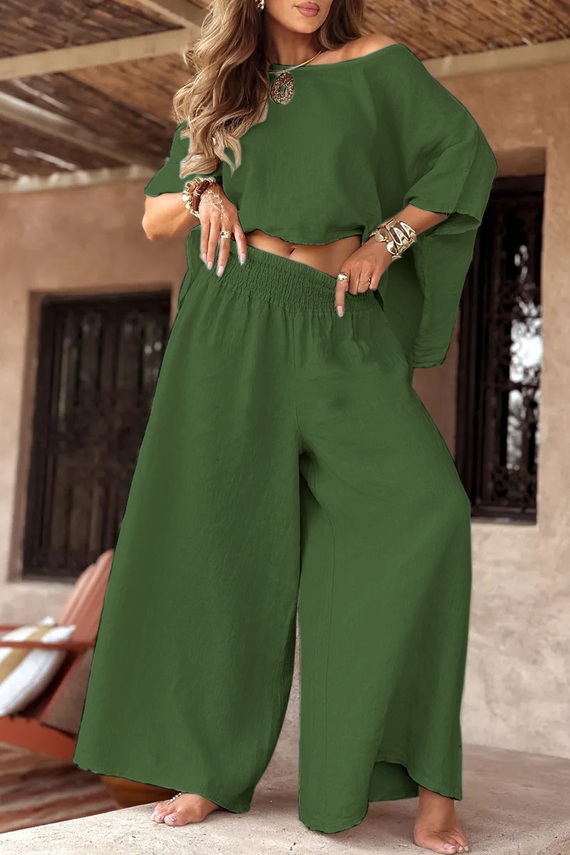 Women's Solid Color Off-Shoulder Bell Sleeve Top Set Casual Loose Summer Two-Piece