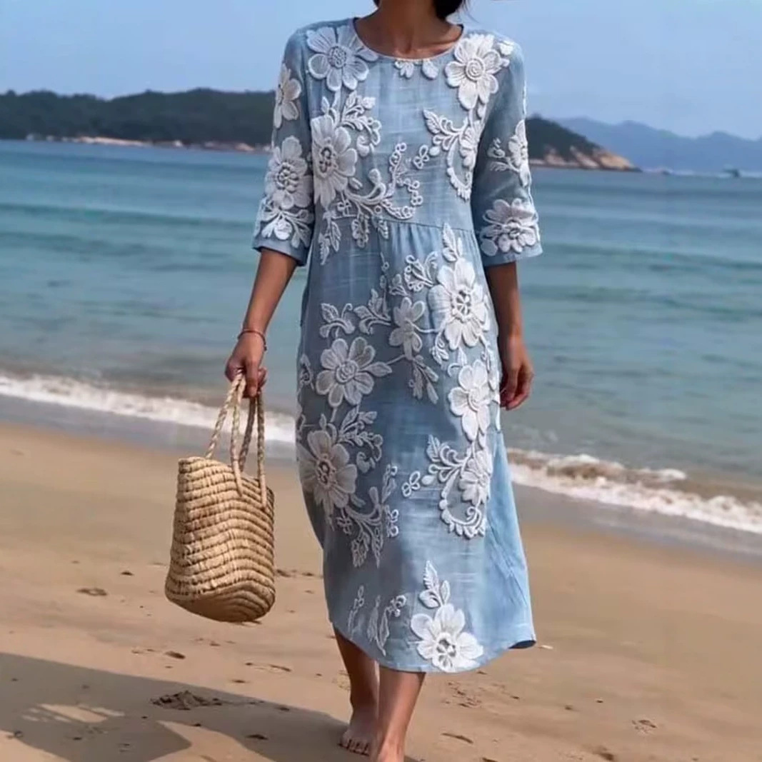 Women's Vintage Floral Print Pleated Midi Dress