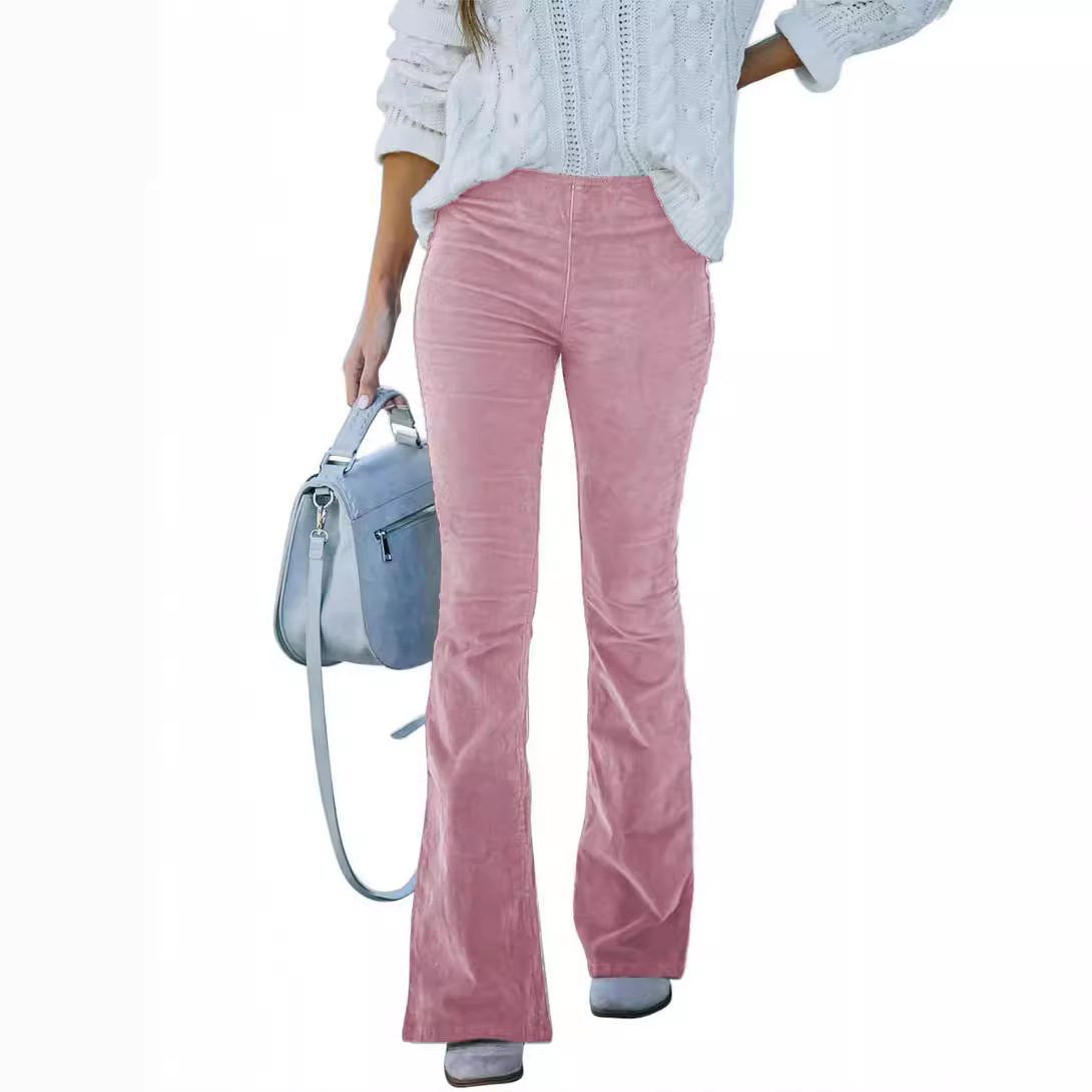 Women's Solid High-Waist Corduroy Flare Pants with Elastic Waist