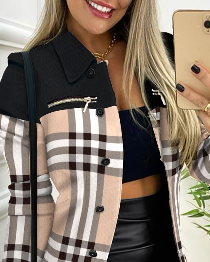 Women's Colorblock Print Zip-Up Collared Jacket