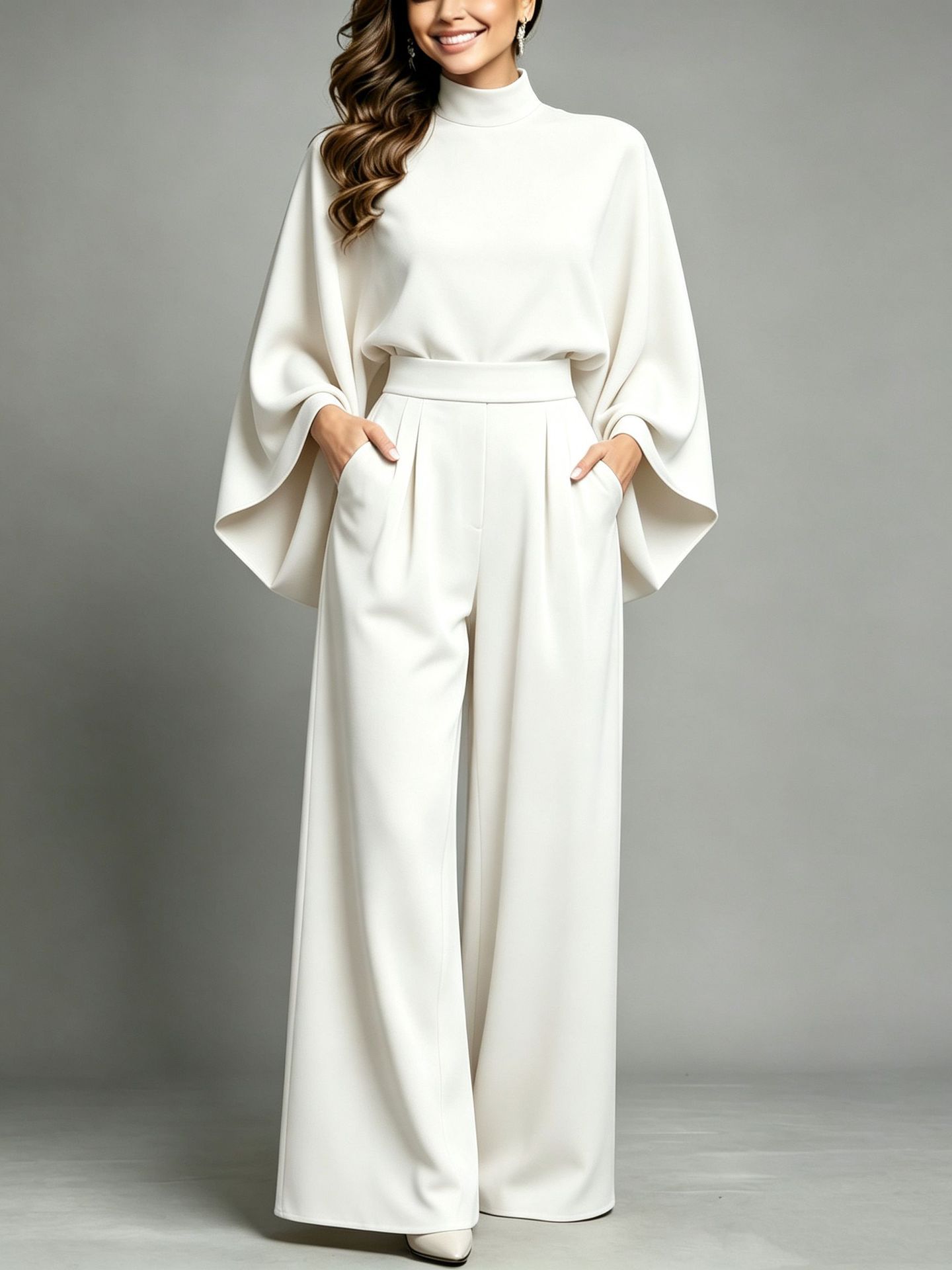 Women's Half-Turtleneck Wide-Leg Two-Piece Set, Long-Sleeve Knit Top and Pants, Loose Fit