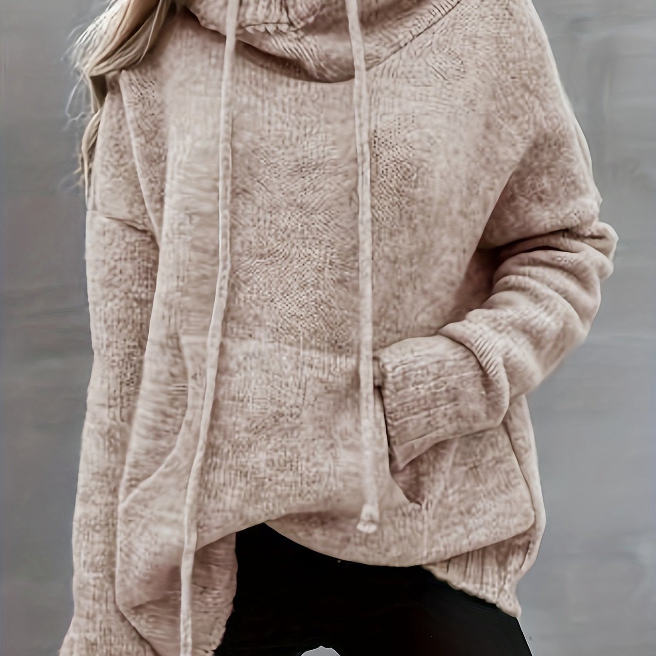 Women's Solid Color Drawstring Pocket Loose Irregular Neck Knit Sweater