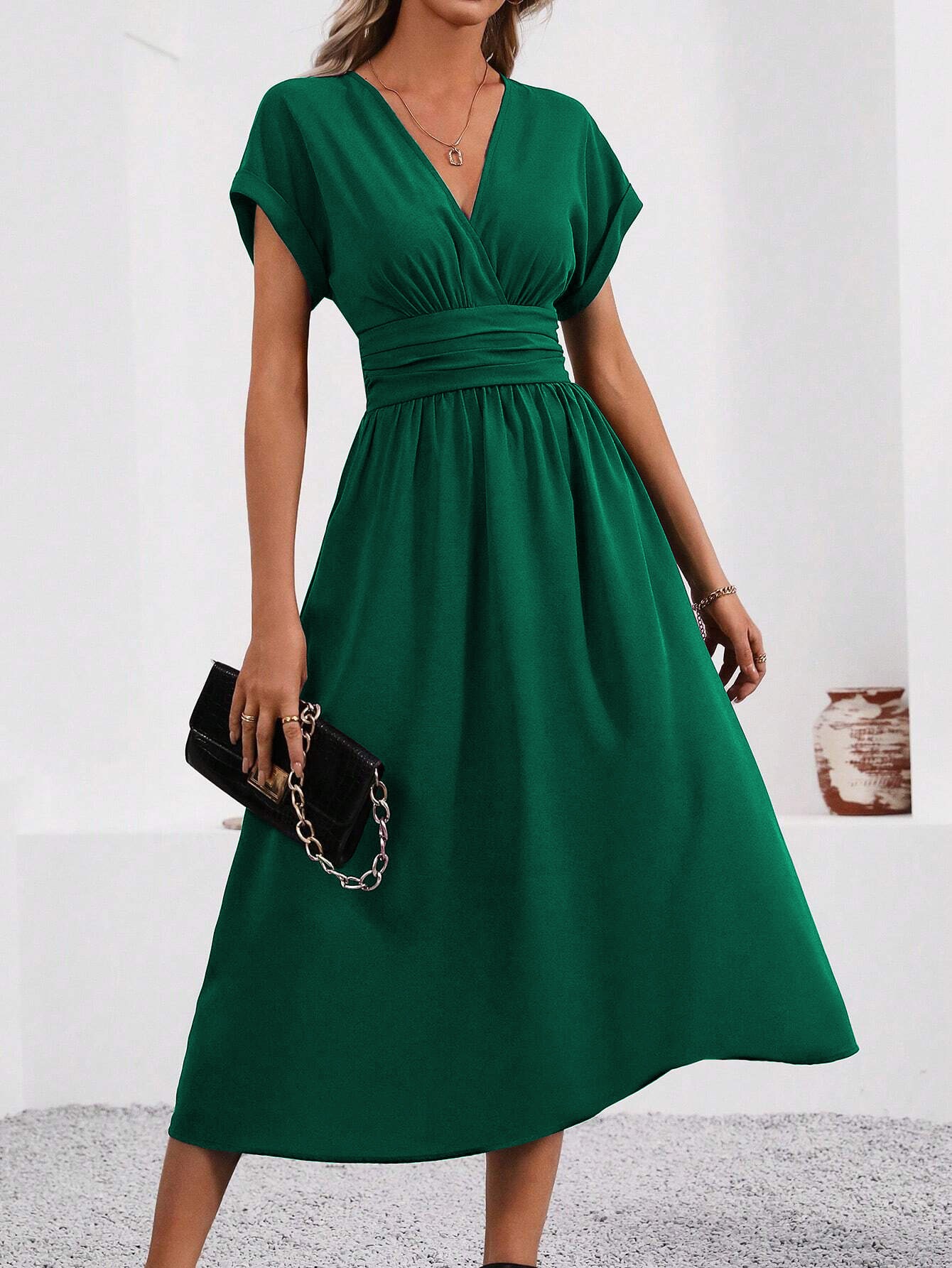 Women's Solid Overlap V-Neck Batwing Sleeve Ruched Waist Long Dress