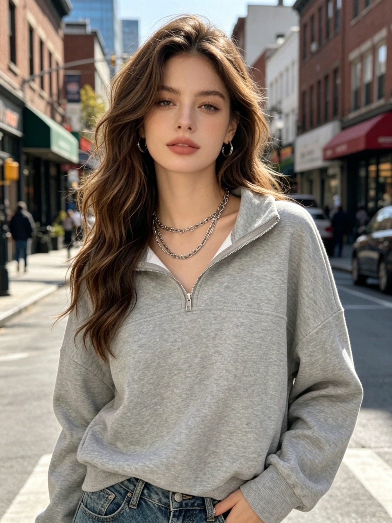 Fleece-Lined Half-Zip Solid Color Loose Fit Collared Sweatshirt for Women