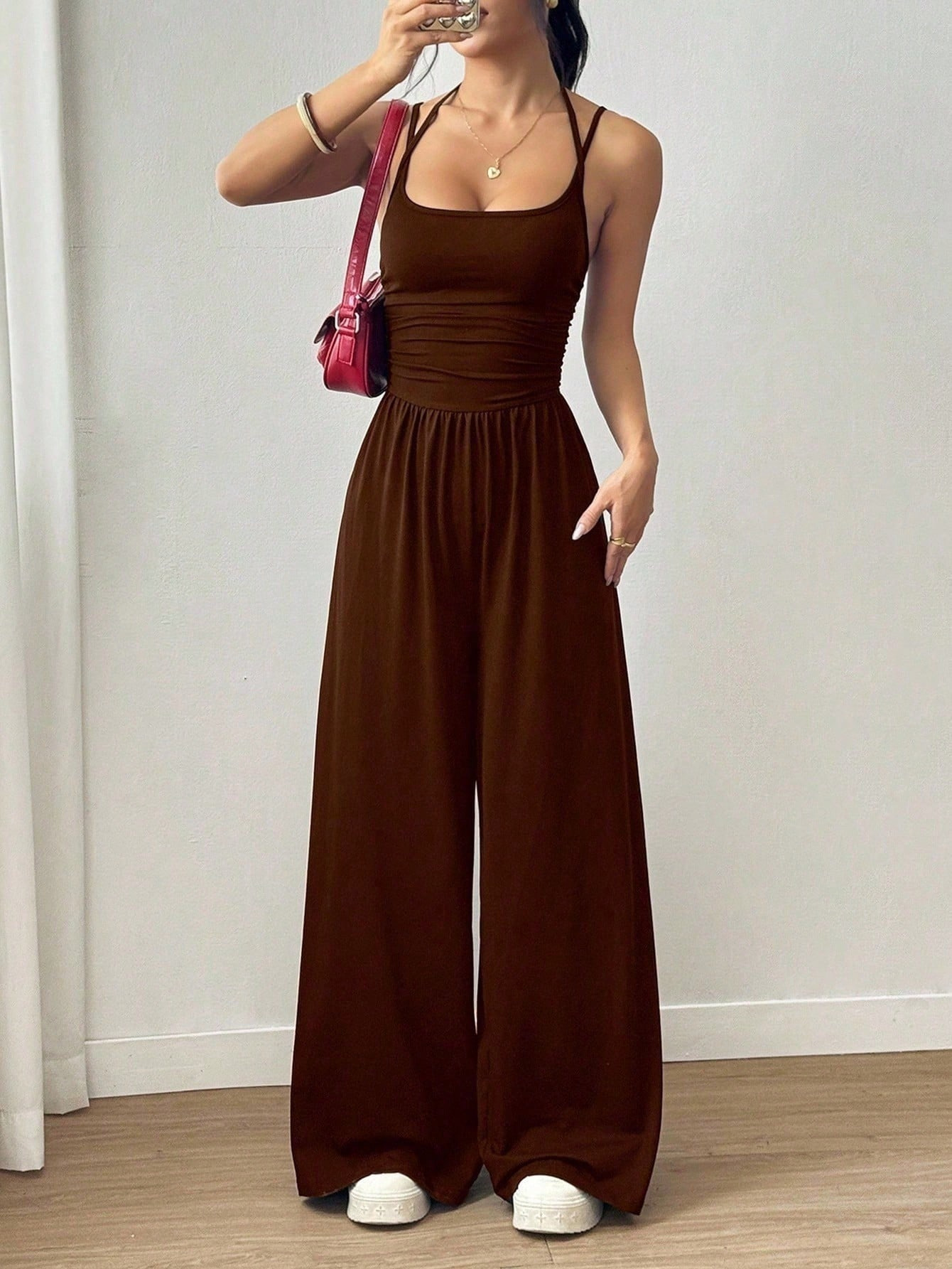 Women's Sleeveless Strapless Wide-Leg Jumpsuit Solid Color