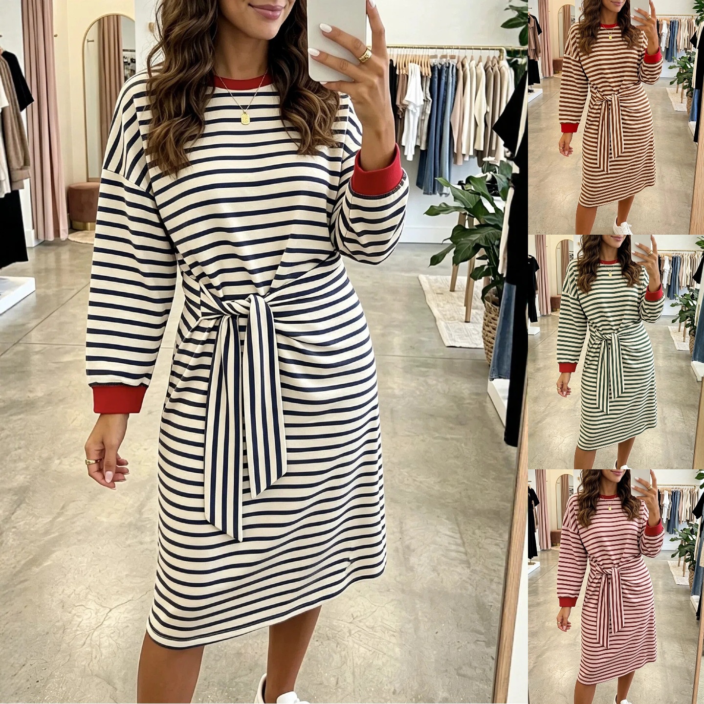 Striped Patchwork Long Sleeve Tie-Waist Loose Casual Dress