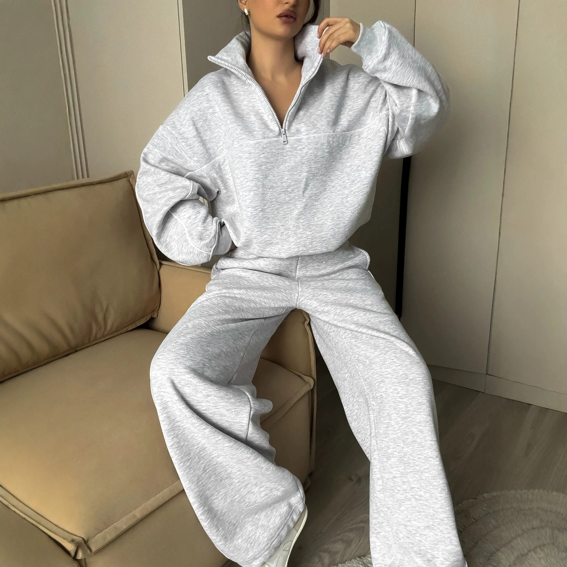 Women's Casual Solid Color Long Sleeve Half-Button Top and Elastic Waist Pants Two-Piece Set