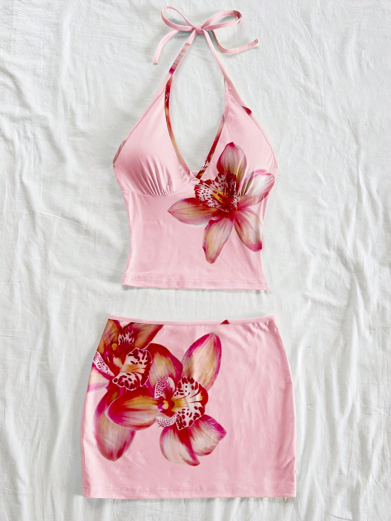 Floral Tie-Front V-Neck Cami Bodycon Two-Piece Skirt Set
