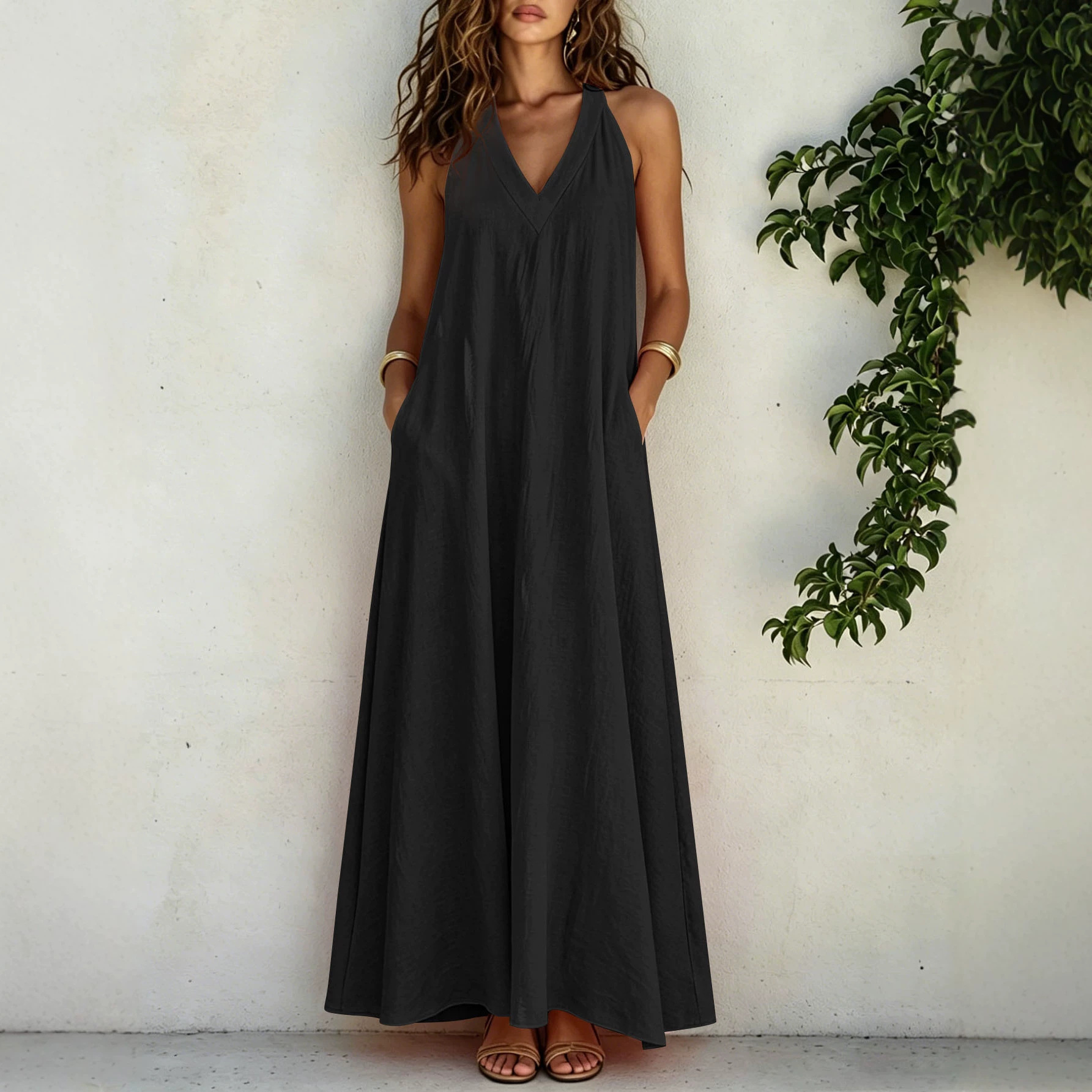 Sleeveless Maxi Dress with Pockets Flowy Beach Casual