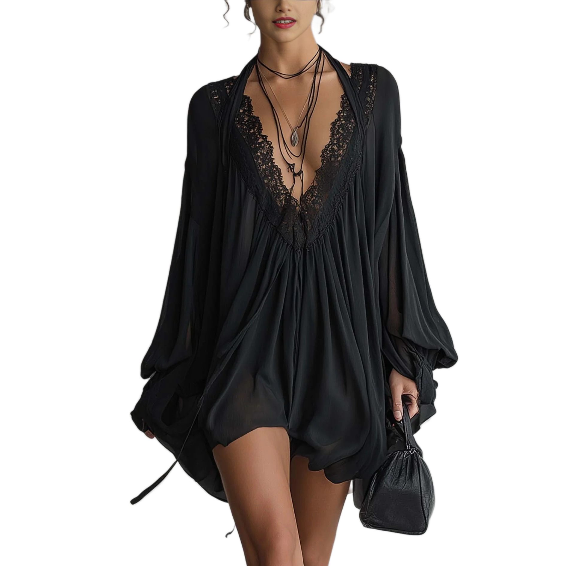 Black Lace Panel V-Neck Satin Robe Dress Sexy Loungewear