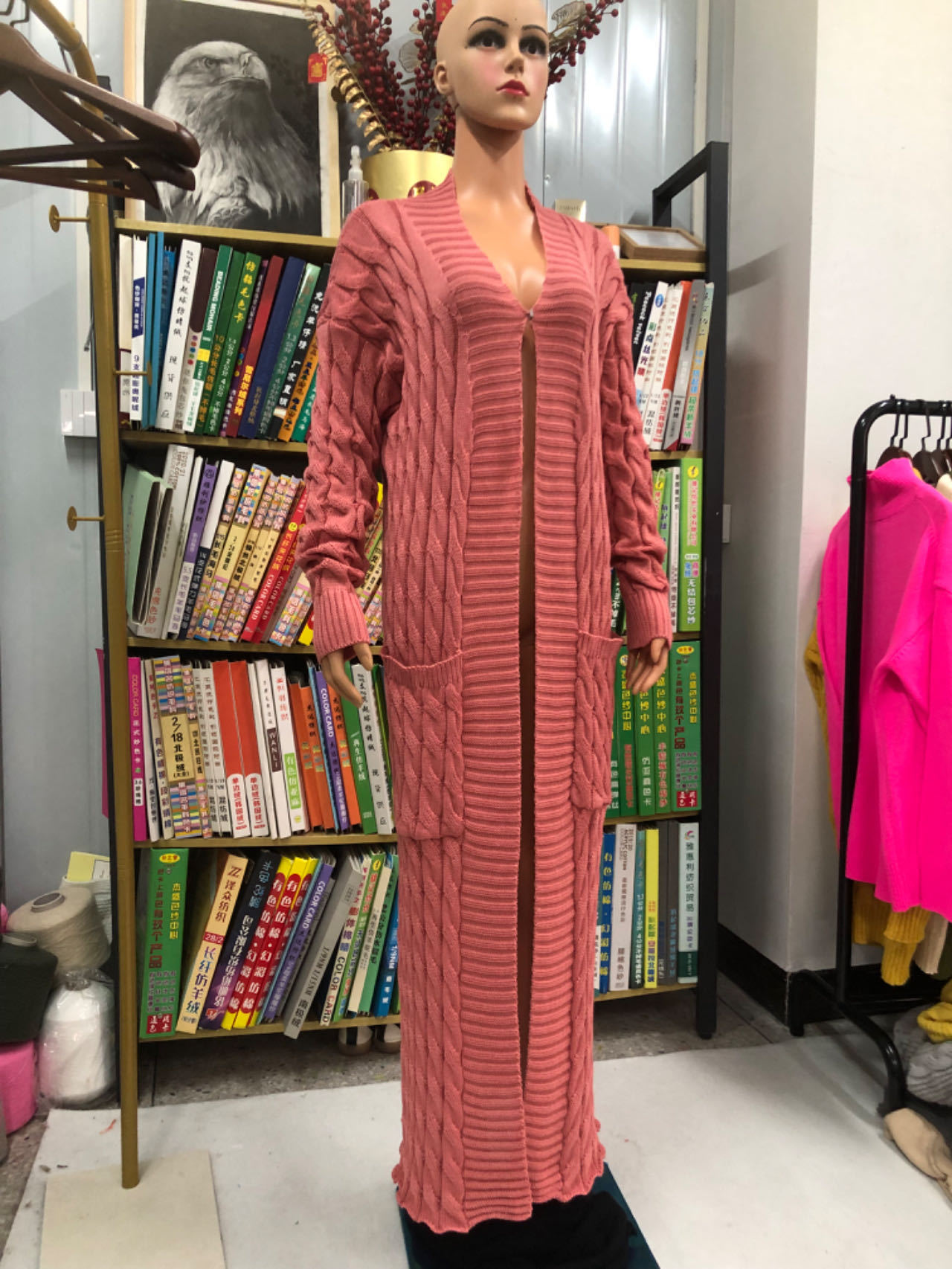 Cable-Knit Open-Front Long Cardigan with Pockets