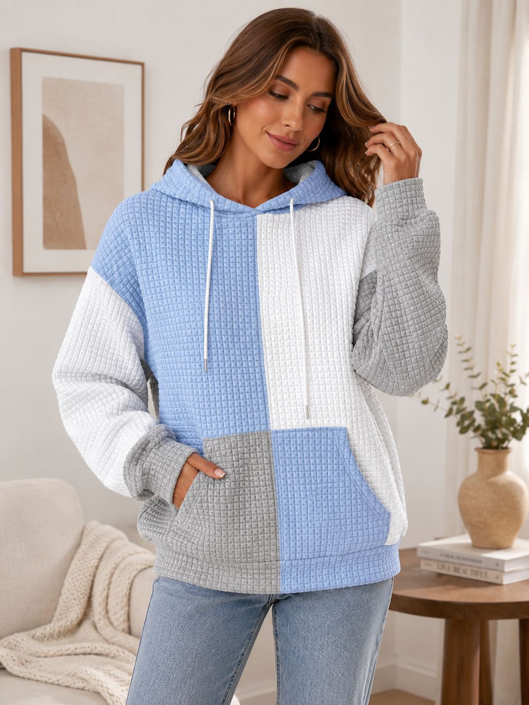 Plus Size Colorblock Waffle Knit Hoodie Women's Pullover