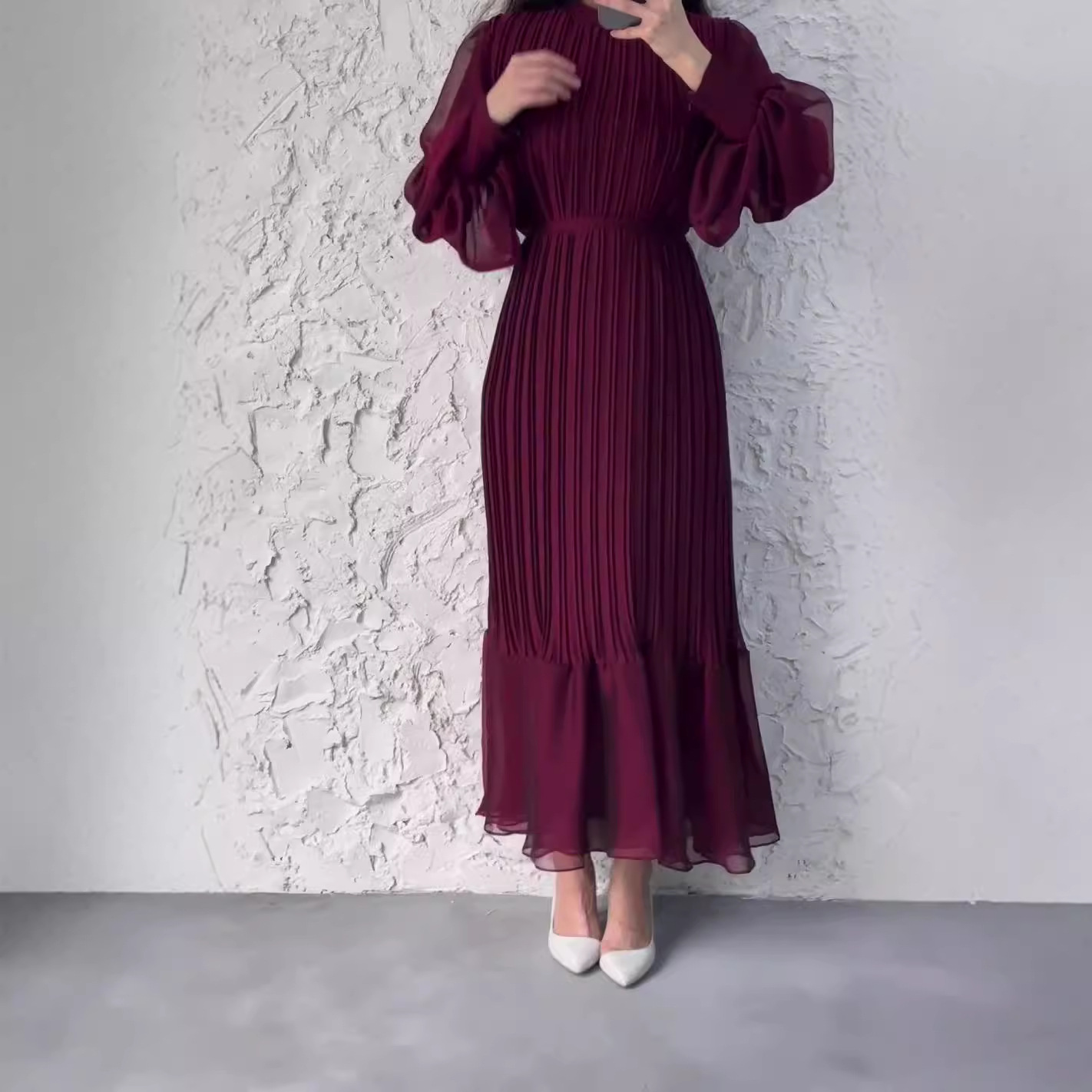 Women's Long Sleeve Mesh Panel Pleated Ruffle Hem Maxi Dress