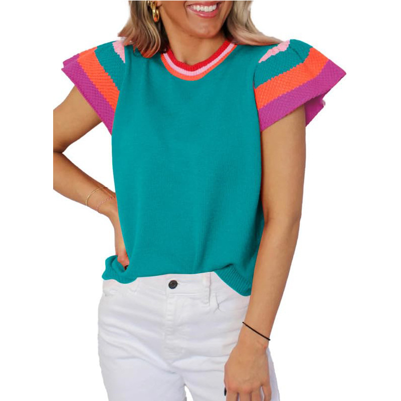 Women's Colorblock Crewneck Knit Top with Flutter Sleeves