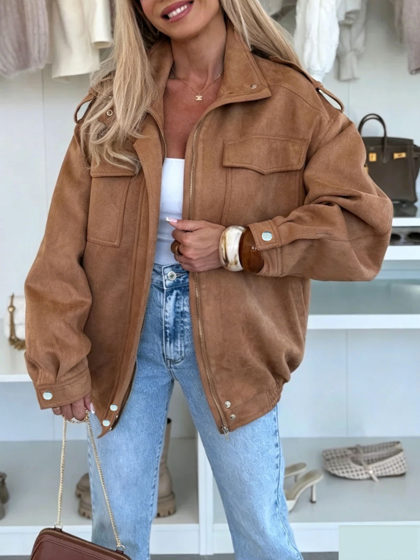 Women's Retro Lapel Collar Long Sleeve Zip-Up Jacket Solid Color Warm Short Coat