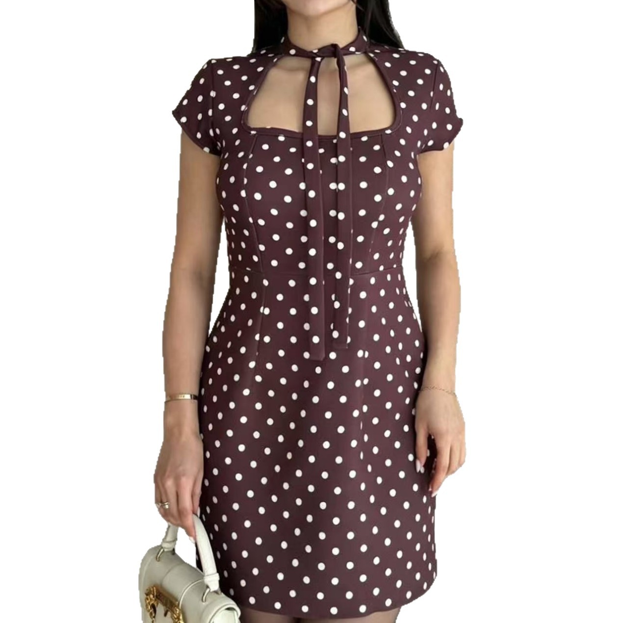 Elegant French Polka Dot Tie-Neck Slim-Fit Short Dress