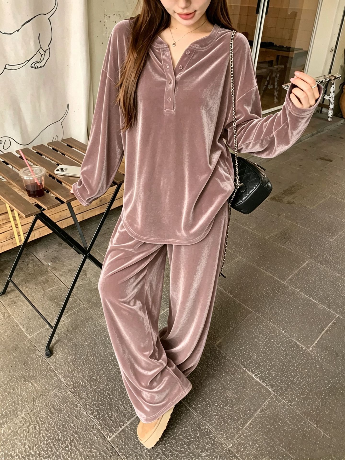 Solid Button Drawstring Loose Long-Sleeve Women's Pants Set