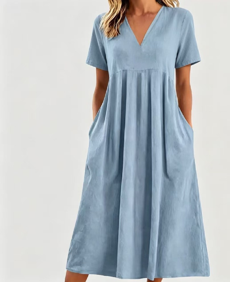 Solid V-Neck Short Sleeve Loose Casual Dress