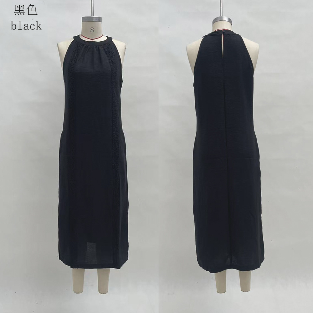 Women's Halter Neck Sleeveless Lace Panel Midi Dress