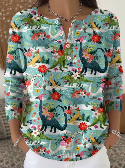 Women's Christmas Dinosaur Forest Print Button Sweatshirt