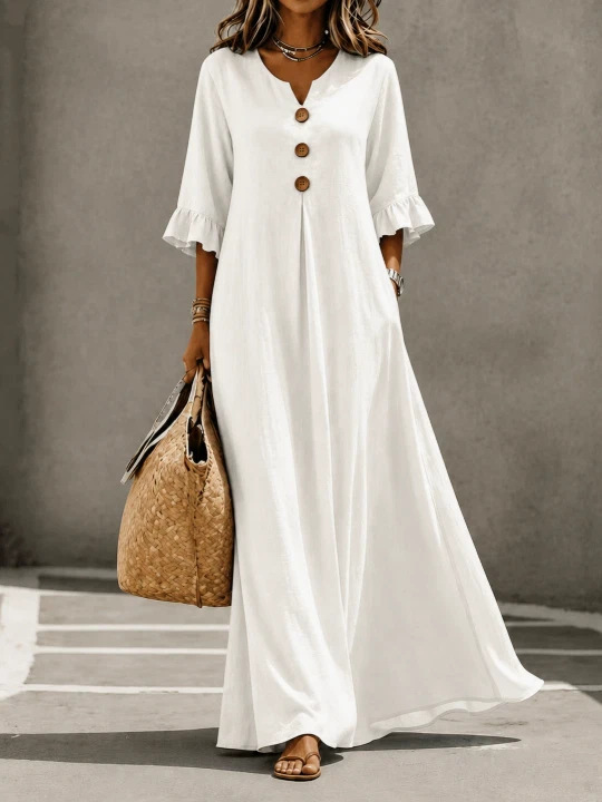 Women's V-Neck 3/4 Sleeve Cotton-Blend Long A-Line Dress