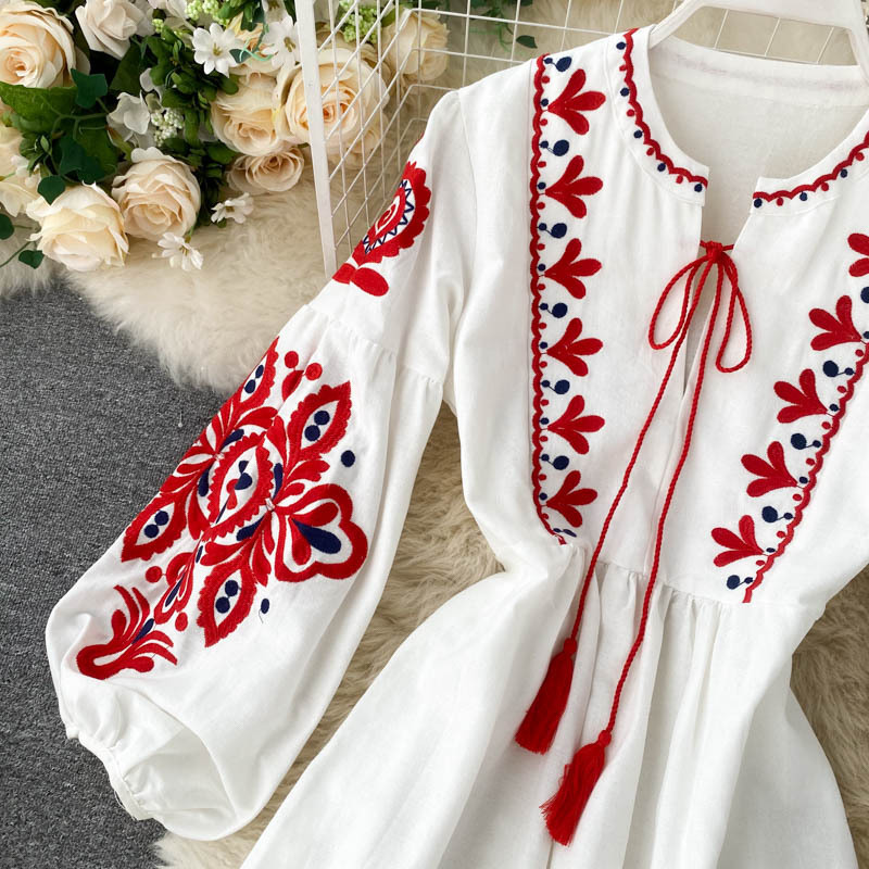 Ethnic Floral Print Lantern Sleeve Pleated Loose A-Line Midi Dress