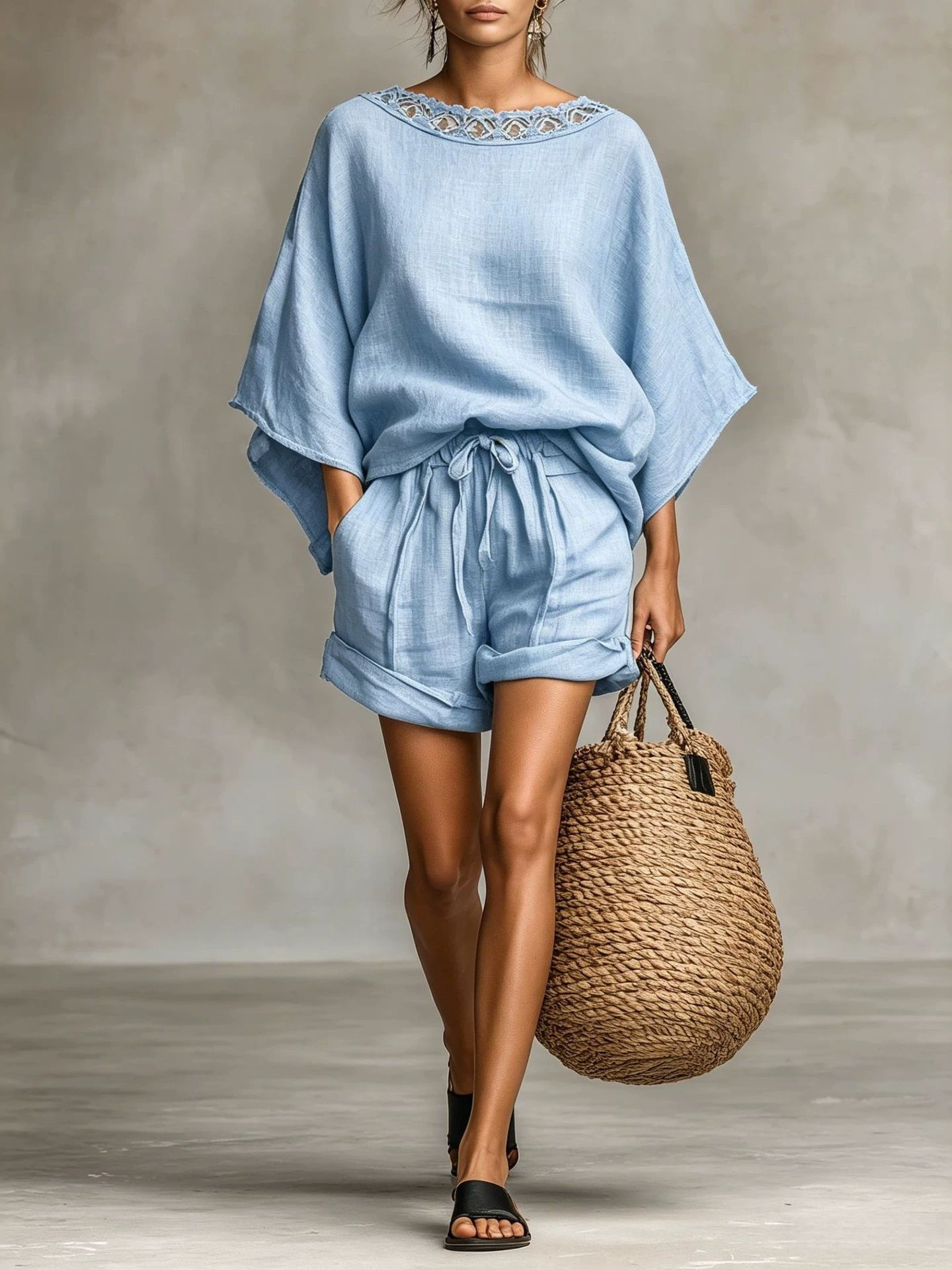 Women's Lace Trim Loose Batwing Sleeve Top