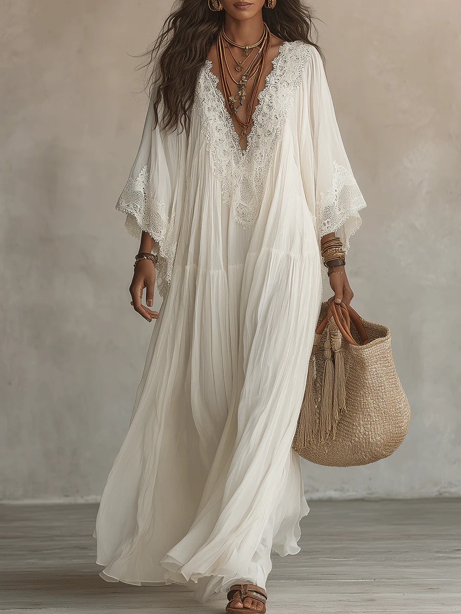 White Lace V-Neck Long Dress with Batwing Sleeves