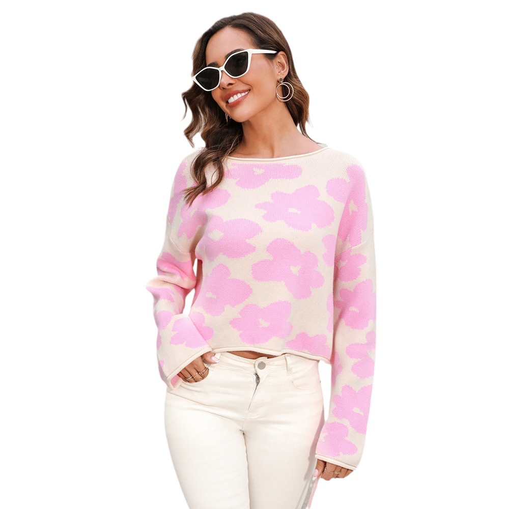 Women's Floral Jacquard Knit Pullover Sweater Long Sleeve Cropped