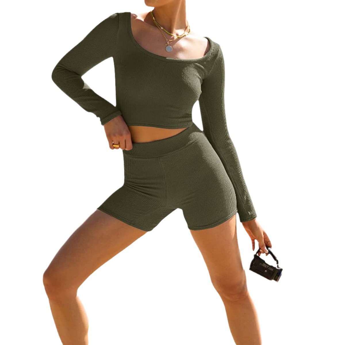 Women's Long Sleeve Crop Top and Shorts Yoga Set