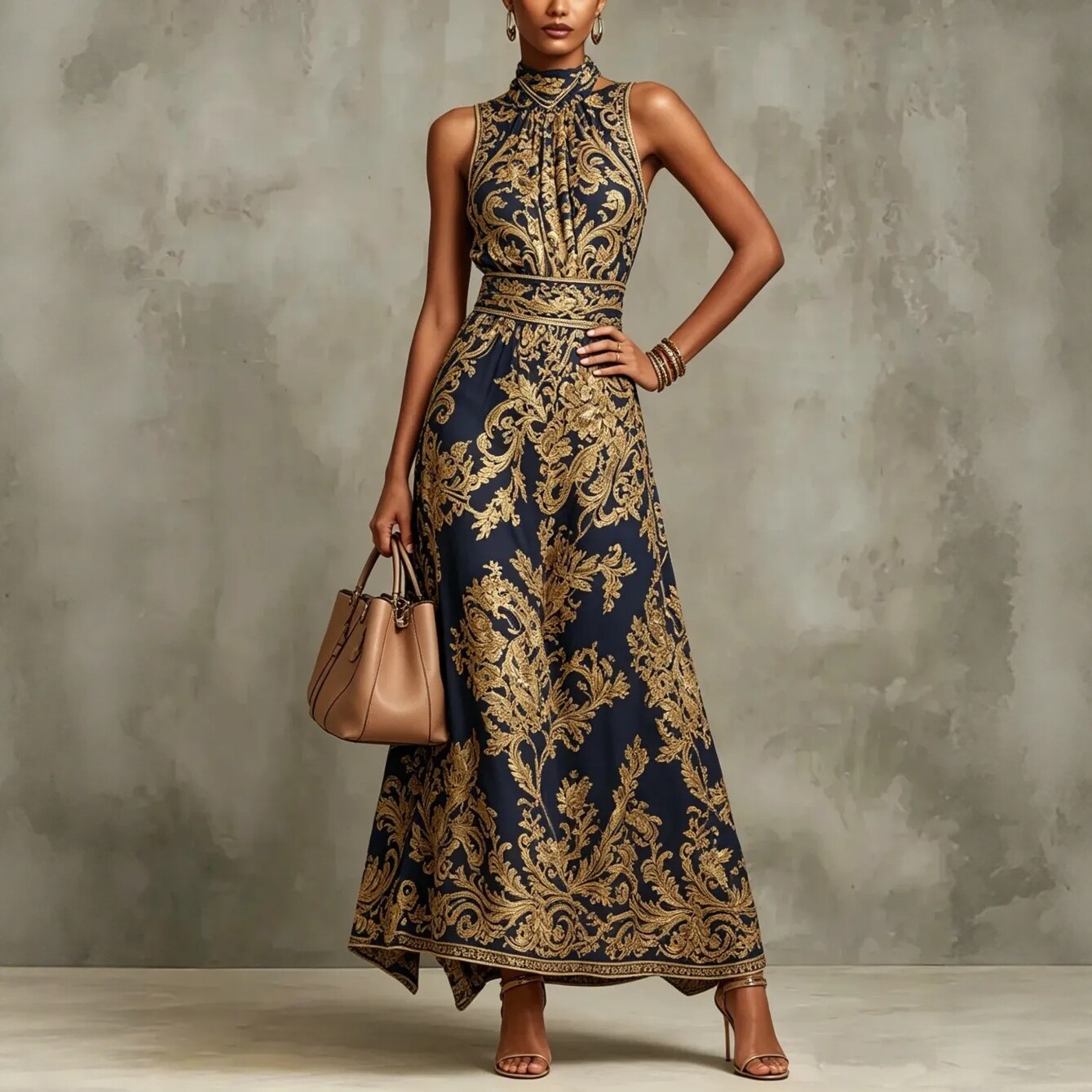 Vintage Gold Embroidered Long Slim Evening Dress