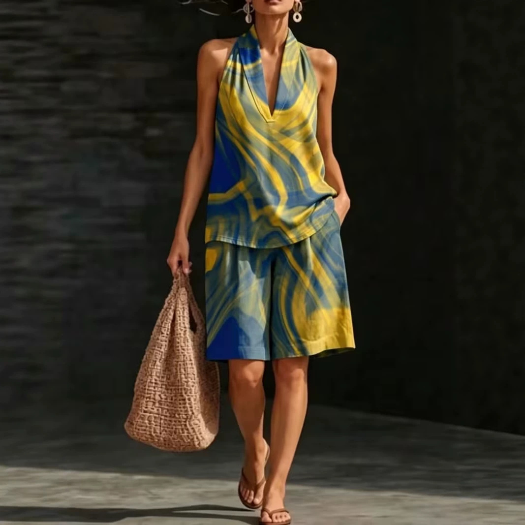 Retro Floral Print Sleeveless Halter Vest Set for Women