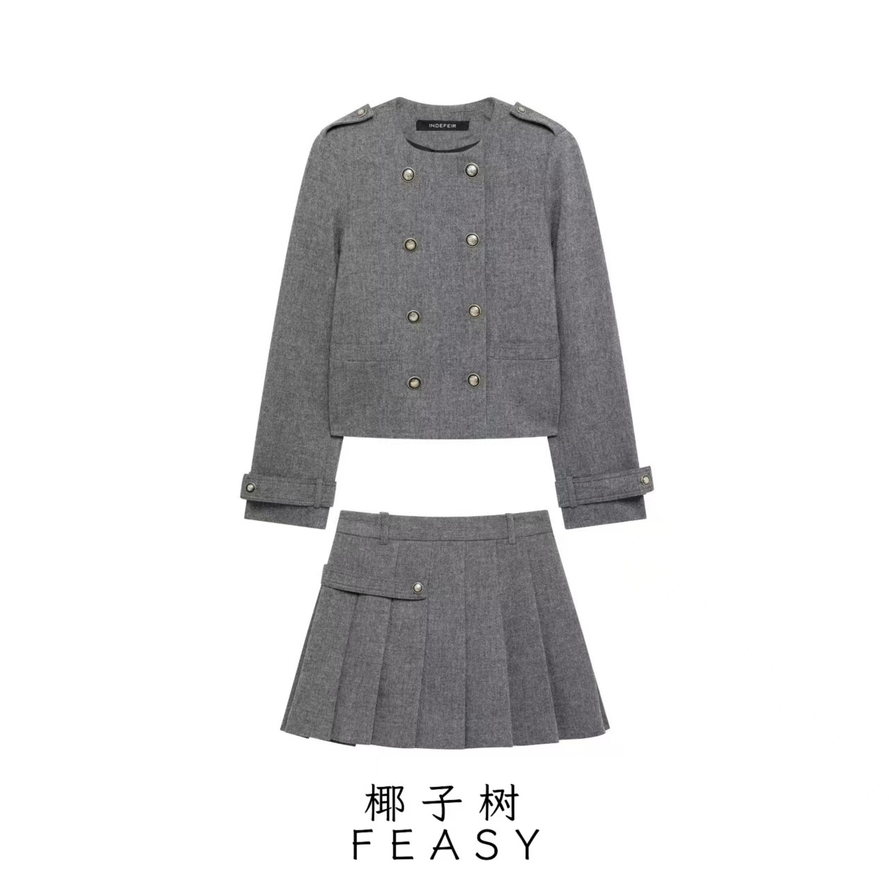 Women's Round Neck Button-Trim Long Sleeve Jacket and Skirt Set