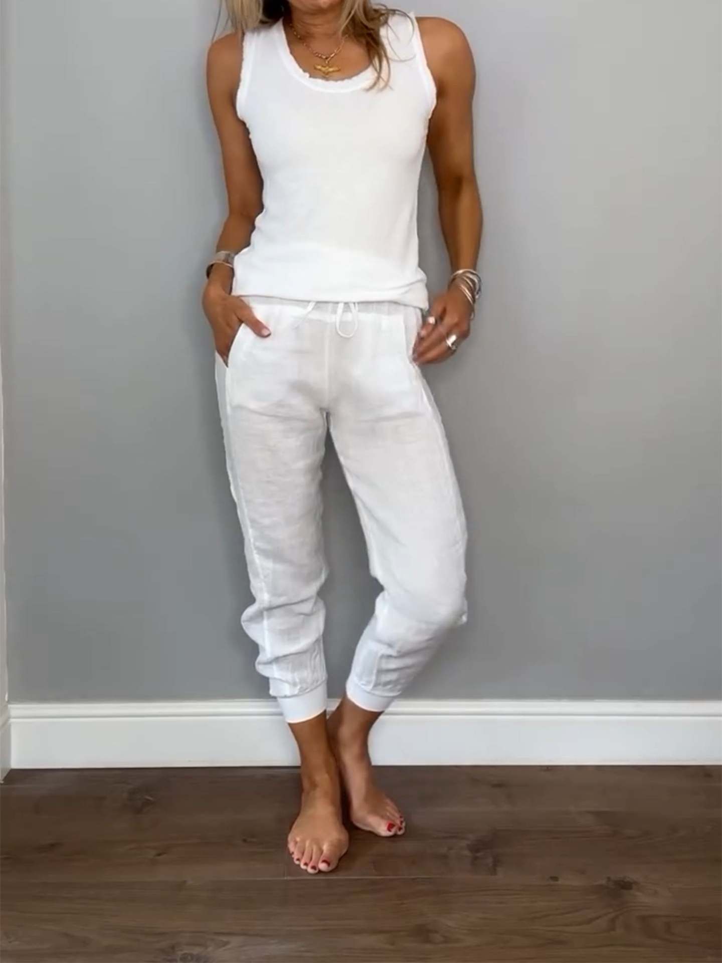 Cotton-Linen Tank Top and Drawstring Pants Set
