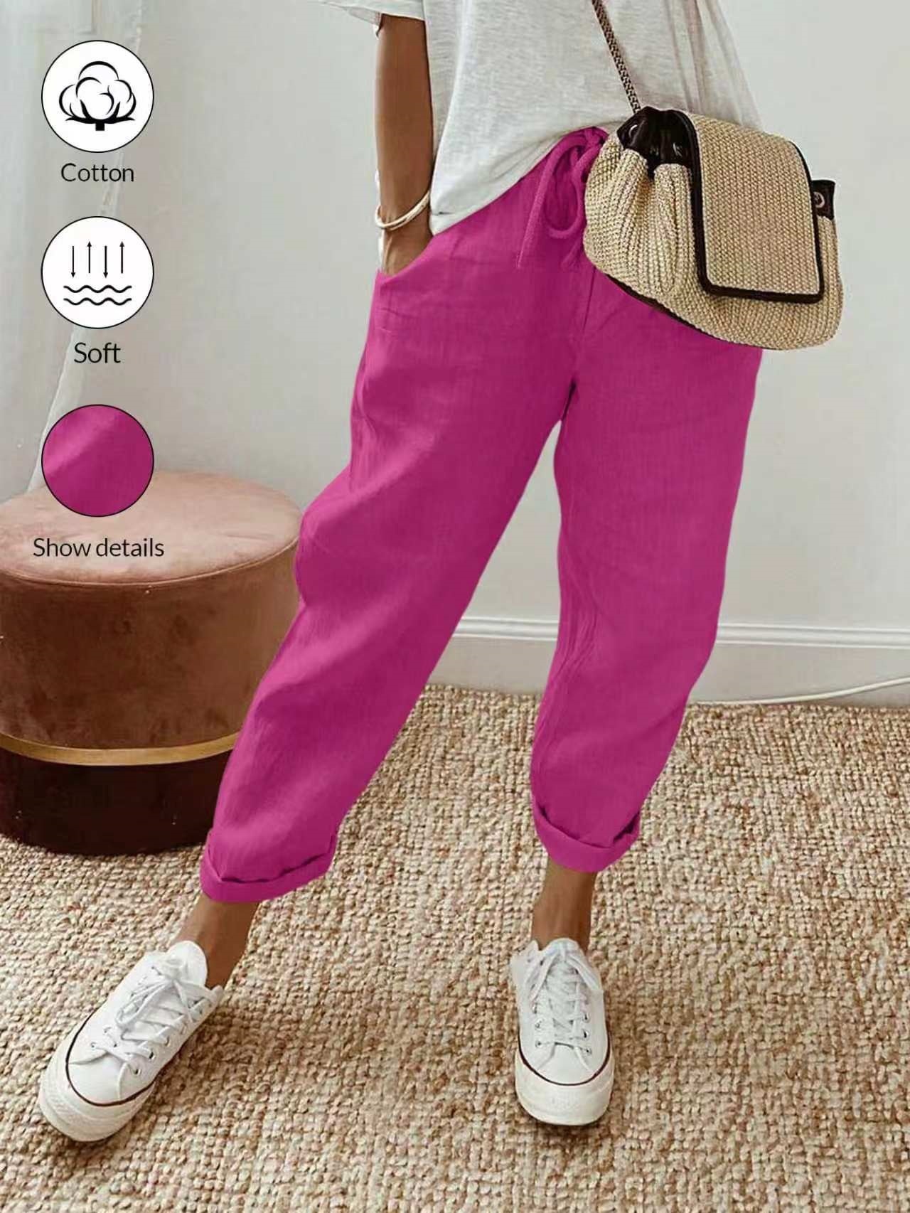 Women's Cotton Linen Cropped Pants with Pockets and Elastic Waist, Loose Casual