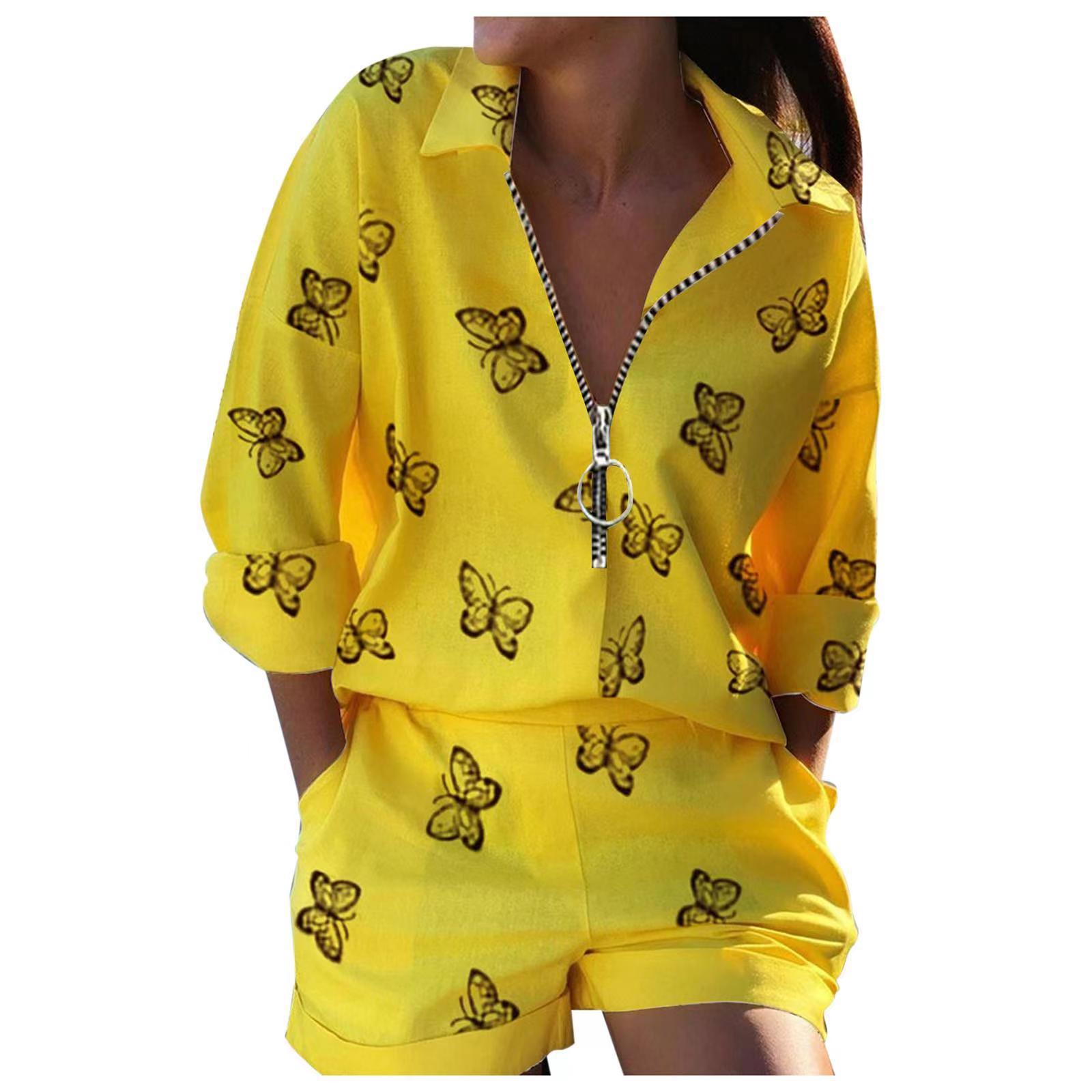 Women's Long Sleeve Printed Zip Top and Shorts Two-Piece Set