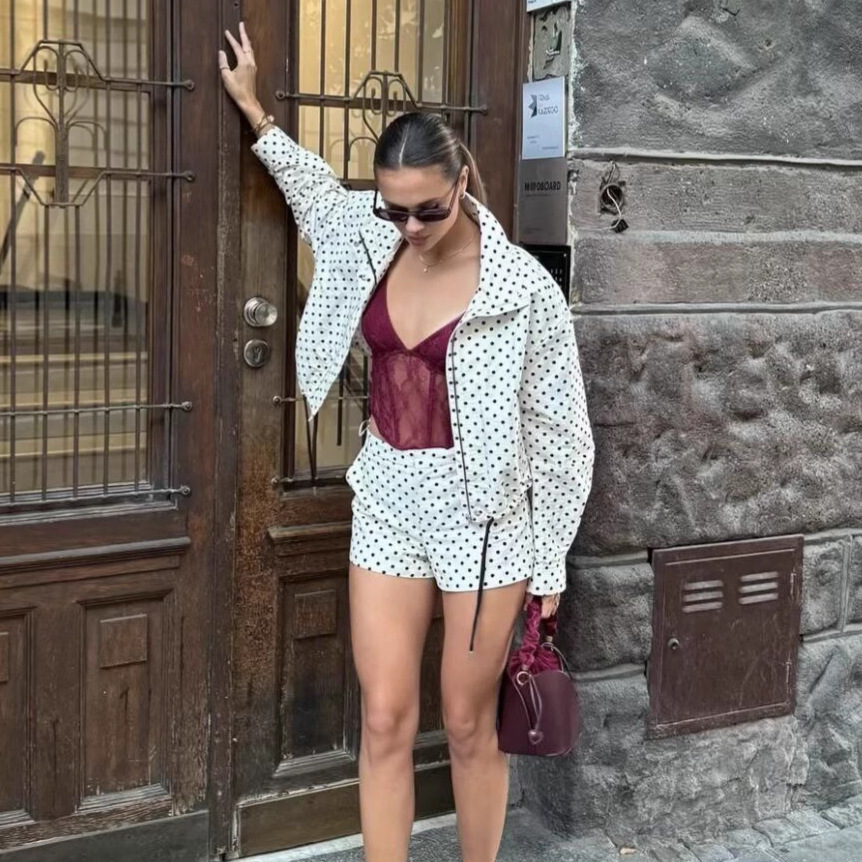 Polka Dot Print Stand Collar Bomber Jacket