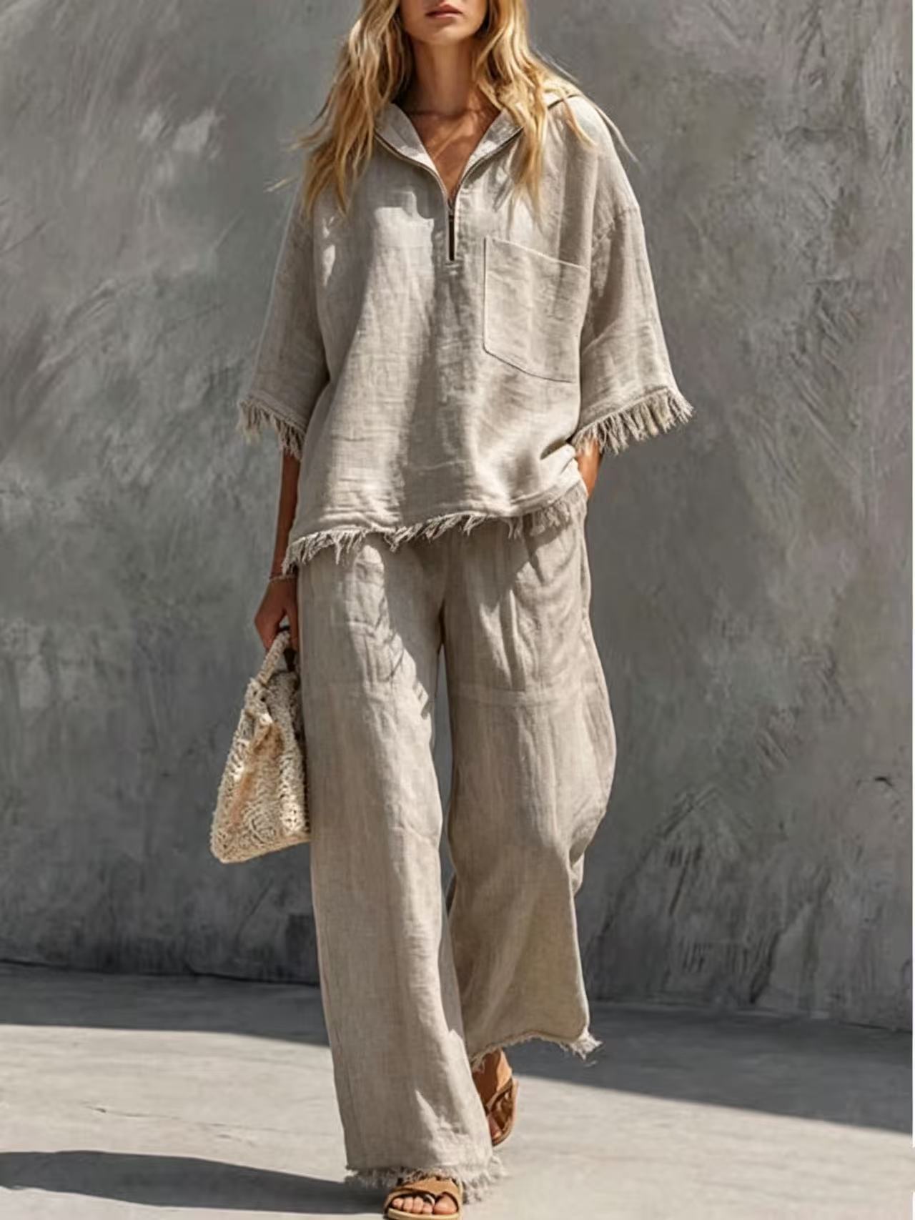 Retro Raw-Edge Fringe Half-Placket Short-Sleeve Top & Wide-Leg Pants Set