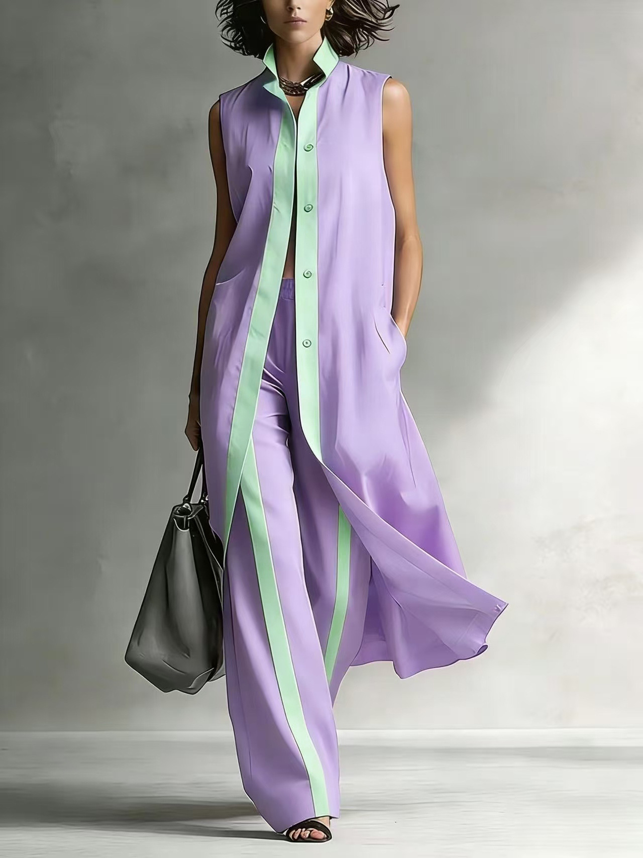 Colorblock Sleeveless Vest Cardigan & Pants Set