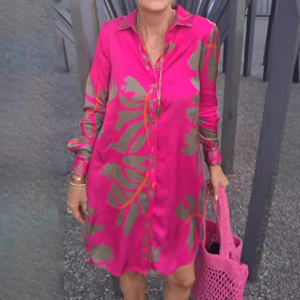Printed V-Neck Long Sleeve Dress