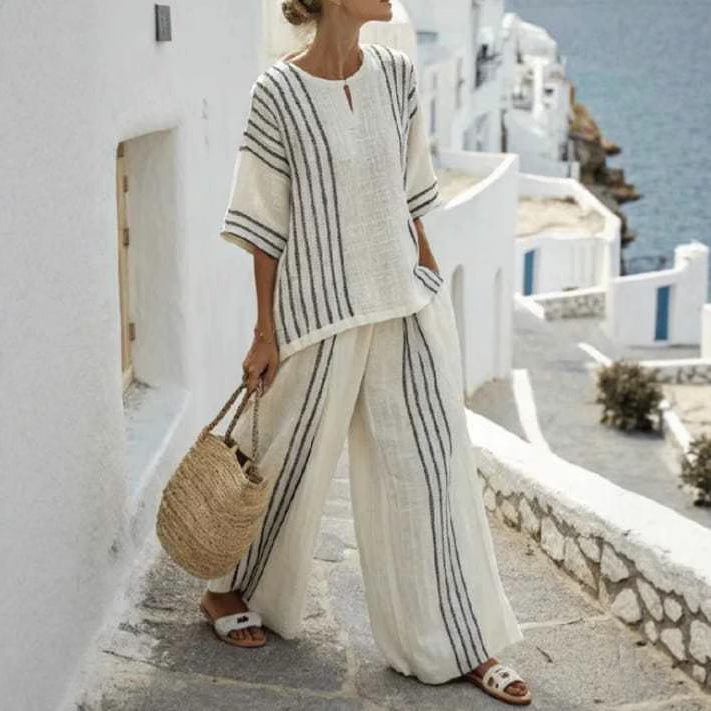 Striped Short Sleeve Top and Pants 2-Piece Set