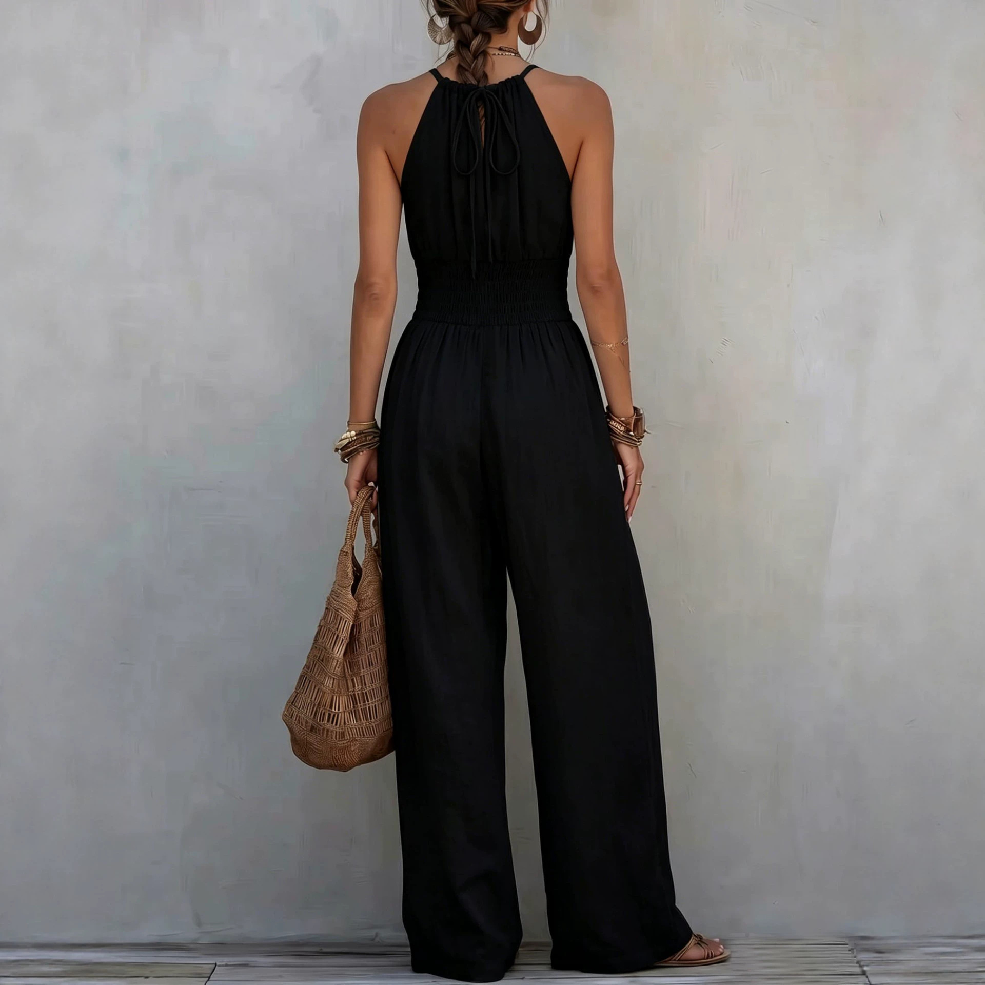 Bohemian Sleeveless Halter Wide-Leg Jumpsuit